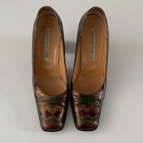 Vintage 90s Gianmarco Lorenzi Snakeskin Pumps Square Toe Heels EU 39.5 US 8.5 - Picture 3 of 11